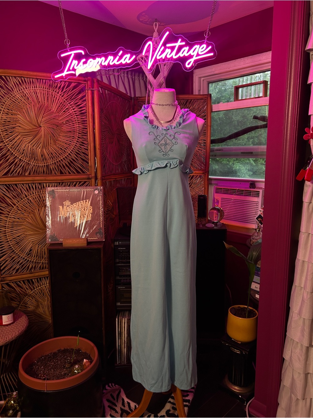 Vintage Sky Blue Sleeveless Maxi Dress with Embroidered Bodice